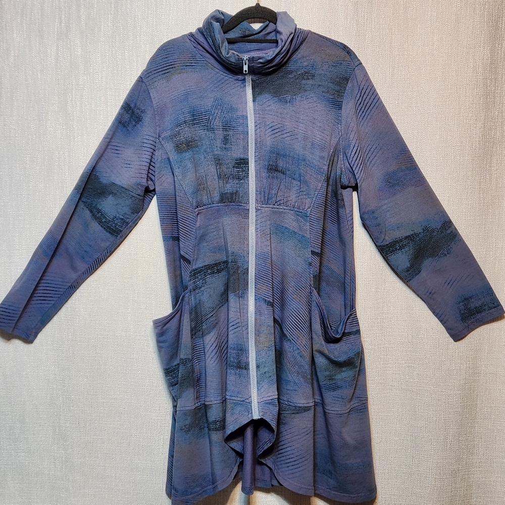 Color Me Cotton Tunic Full Zip Long Cowl Purples Blues Cotton Medium